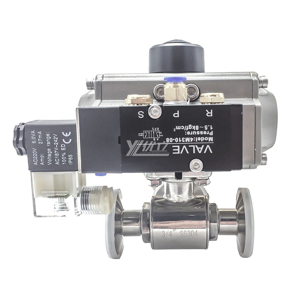 Sanitary Three Ways Tri Clamp Ball Valves with Pnumatic Actuator and Solenoid Valve