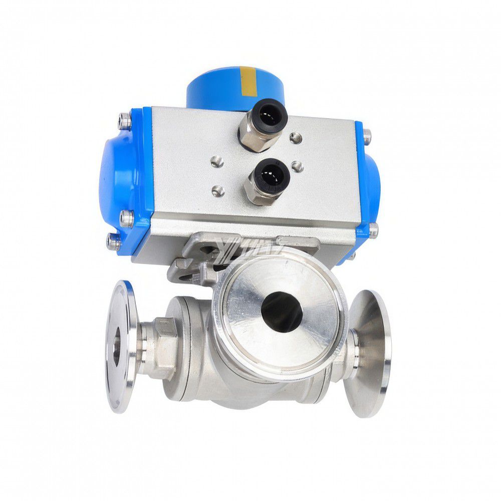YOULI T-port L-port PN16-PN64  Stainless Steel 304 316 Pneumatic Actuator Three Way Tri Clamped Ball Valve