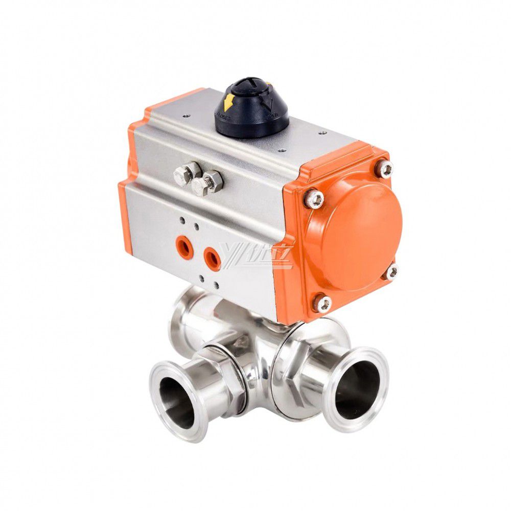 YOULI Hygienic Food Grade Sanitary Stainless Steel T/L Type 304 316L Beverage Milk Pneumatic Three Way Tri Clamped Ball Valve