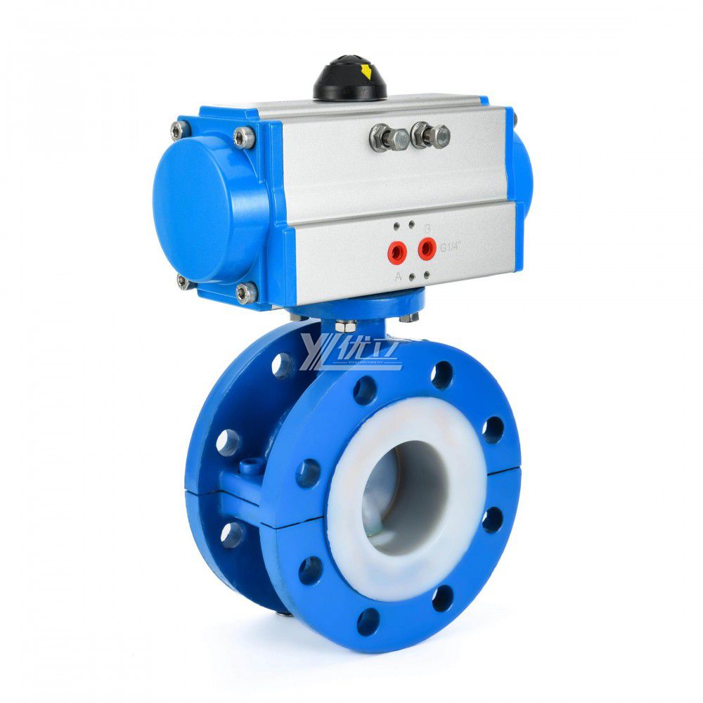 YOULI 304 316 Stainless Steel Sulfuric Acid Pn16 WCB FEP F46 PFA F4 Pneumatic Fluorine Lined Flanged Butterfly Valve