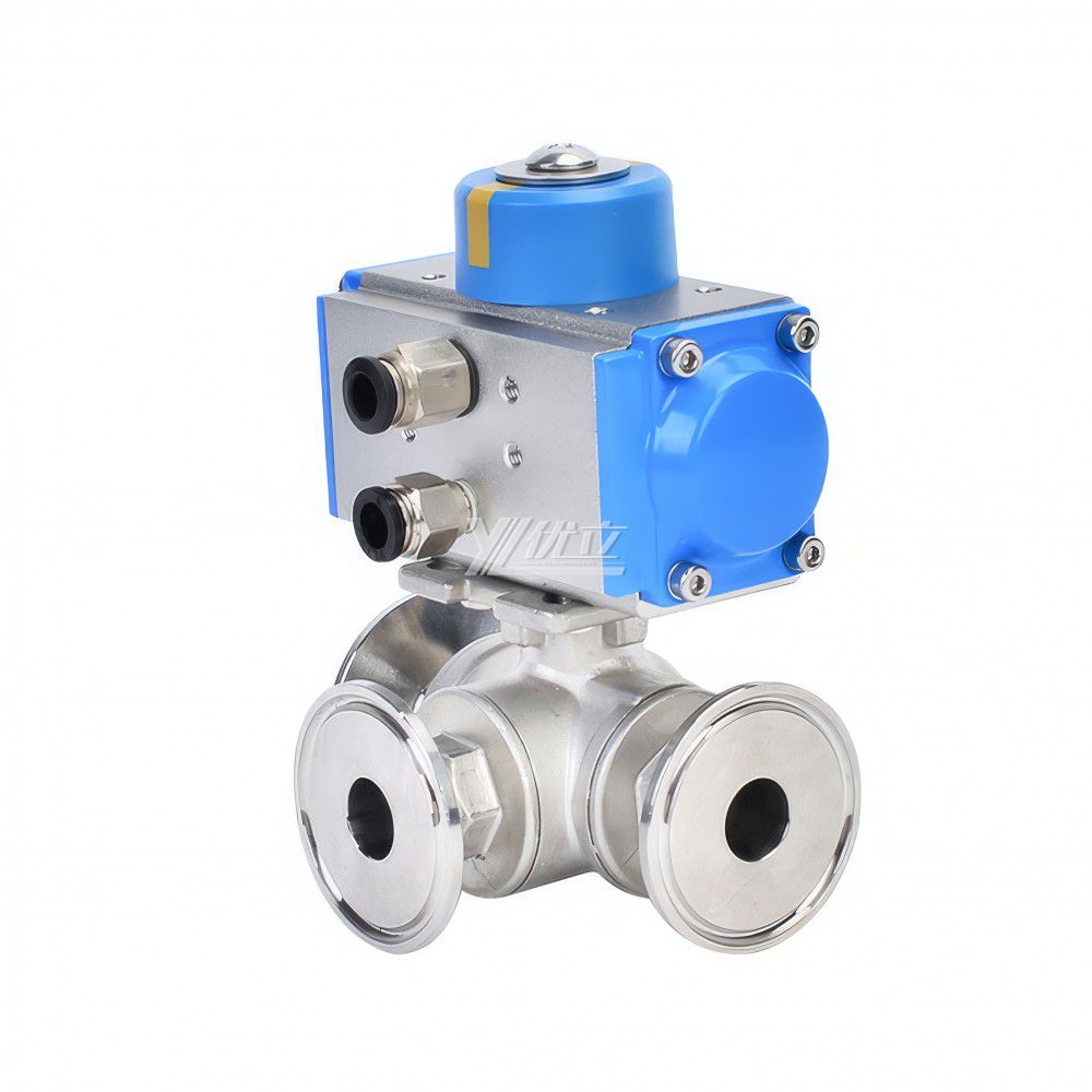 YOULI T-port L-port PN16-PN64  Stainless Steel 304 316 Pneumatic Actuator Three Way Tri Clamped Ball Valve