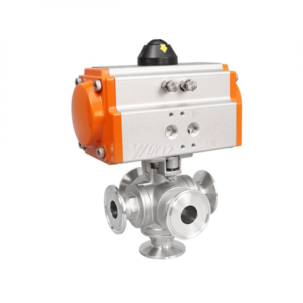 YOULI High Temperature PN16 Stainless Steel 304 316 Clamped Pneumatic Actuator 5way Tri Clamped Ball Valve