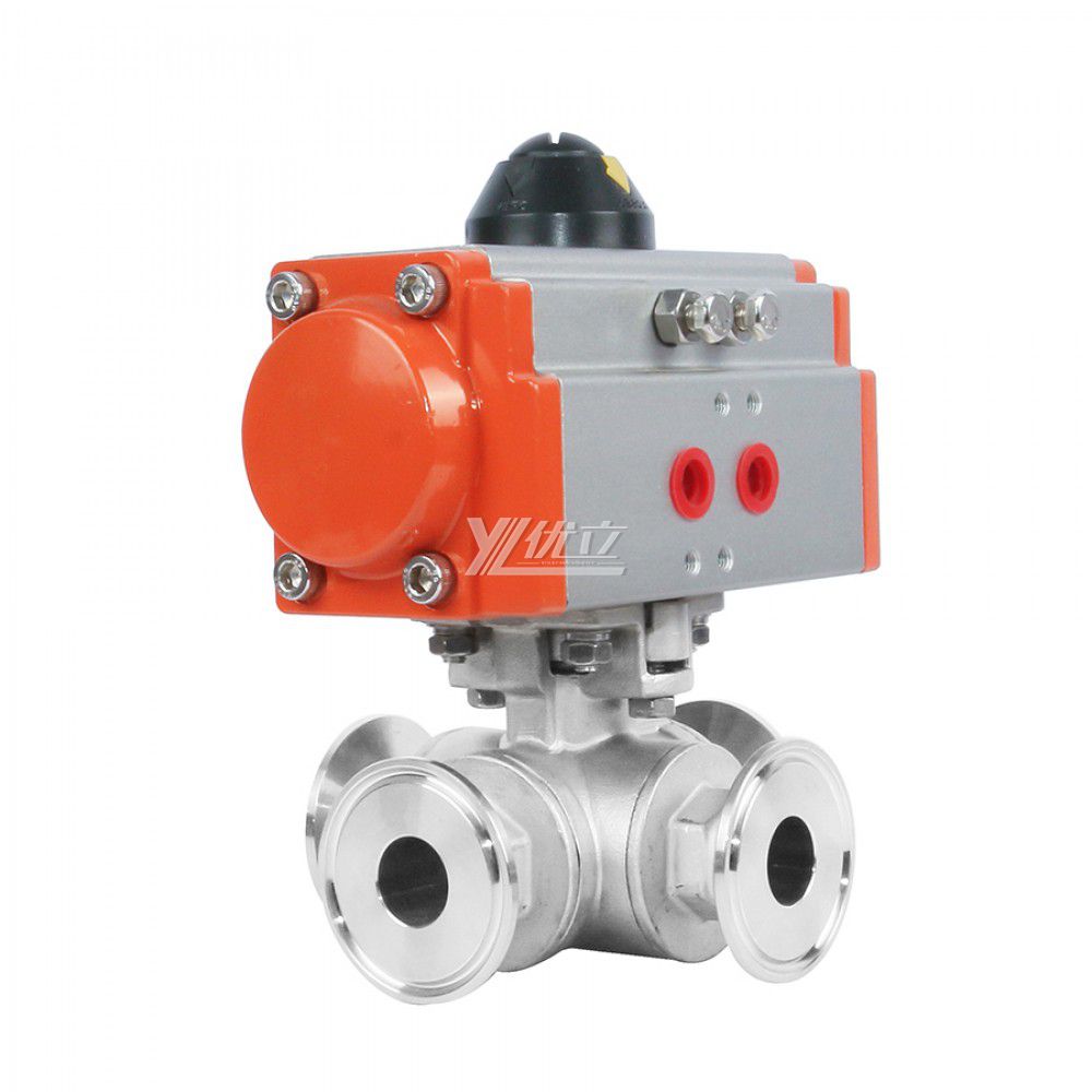 YOULI High Quality Durable  High Pressure PN16 Stainless Steel 304 316 LL Type Pneumatic Actuator 4 Way Tri-Clamped Ball Valve