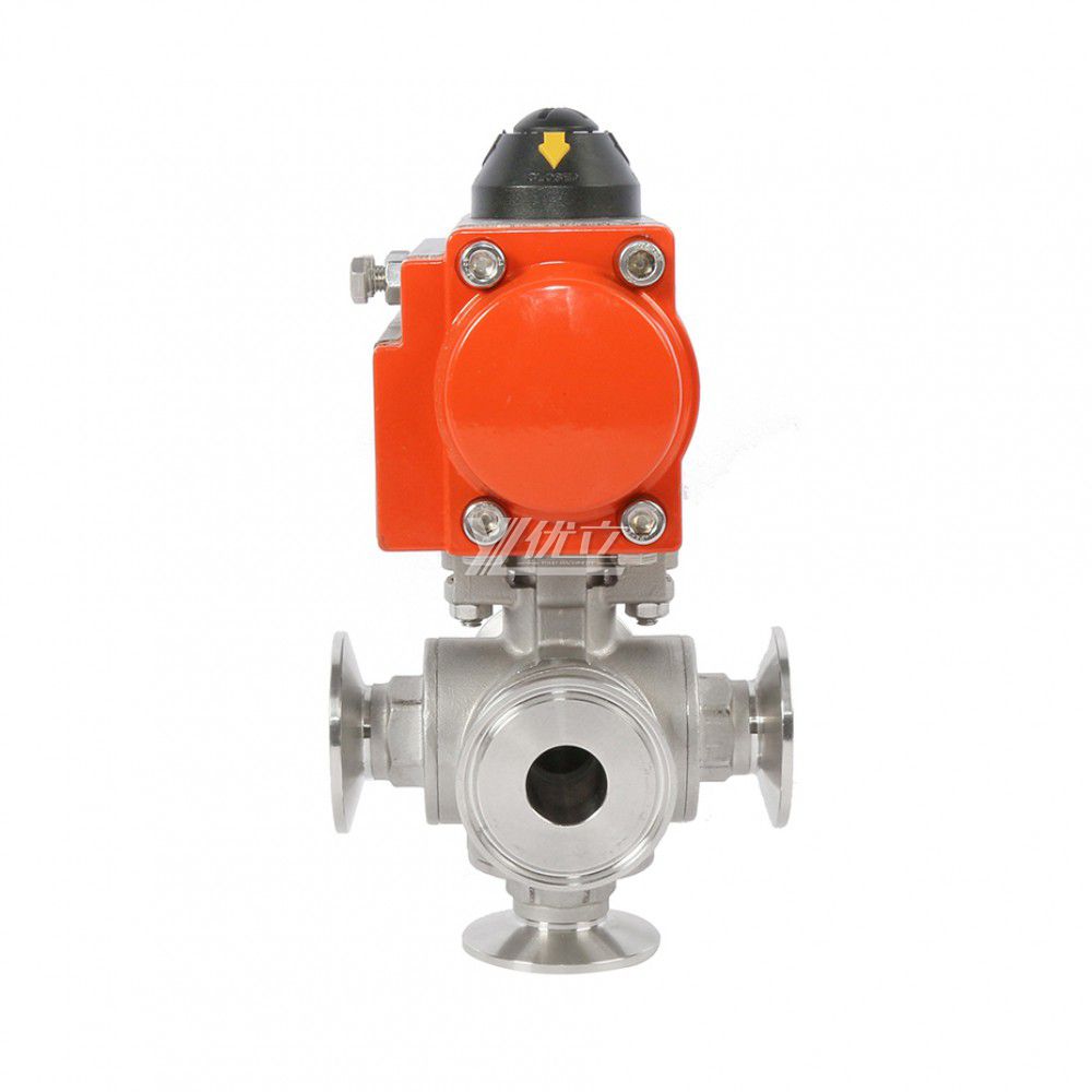 YOULI High Temperature PN16 Stainless Steel 304 316 Clamped Pneumatic Actuator 5way Tri Clamped Ball Valve