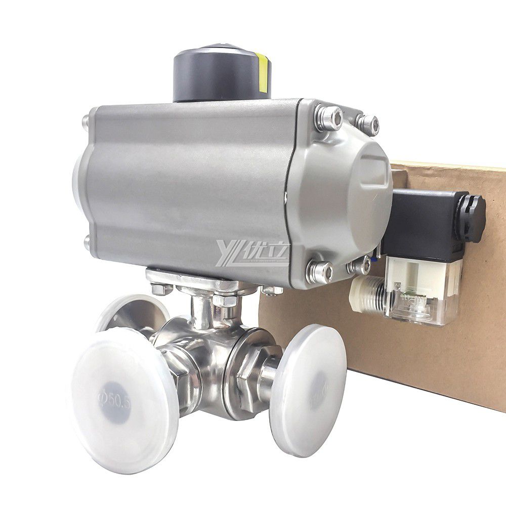 YOULI Hygienic Food Grade Sanitary Stainless Steel T/L Type 304 316L Type Pneumatic Control Three Way Tri Clamped Ball Valve