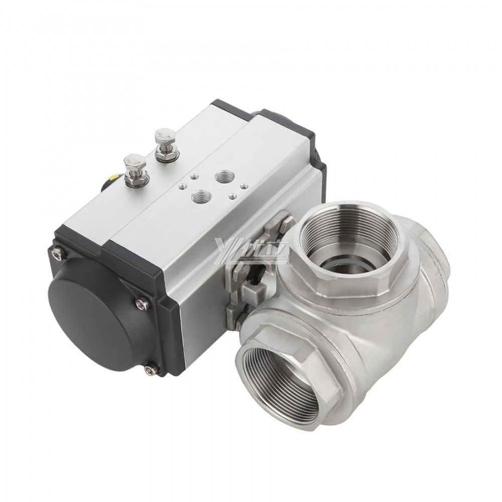 YOULI NPT BSP 2 Inch 1.6-6.4Mpa Stainless Steel High Temperature 304 316  Threaded 3 Way Pneumatic Actuator Ball Valve