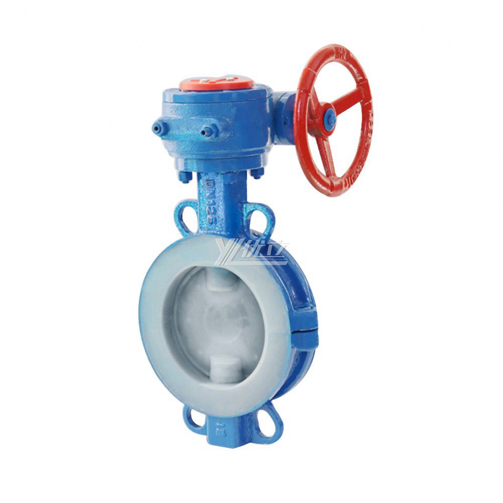 YOULI Stainless Steel 304 316 JIS 10K Pn16 WCB FEP F46 PFA Worm Wheel Manual Fluorine Lined Wafer Butterfly Valve