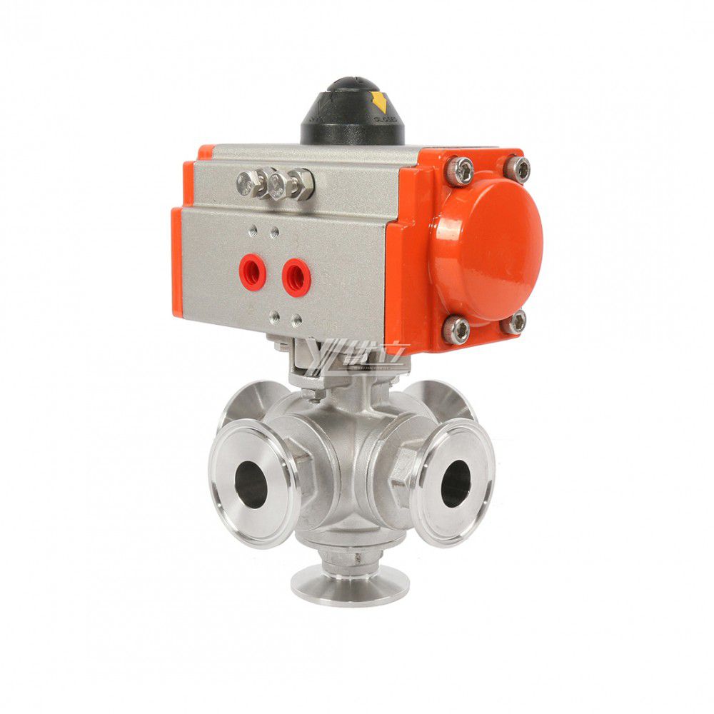 YOULI High Temperature PN16 Stainless Steel 304 316 Clamped Pneumatic Actuator 5way Tri Clamped Ball Valve