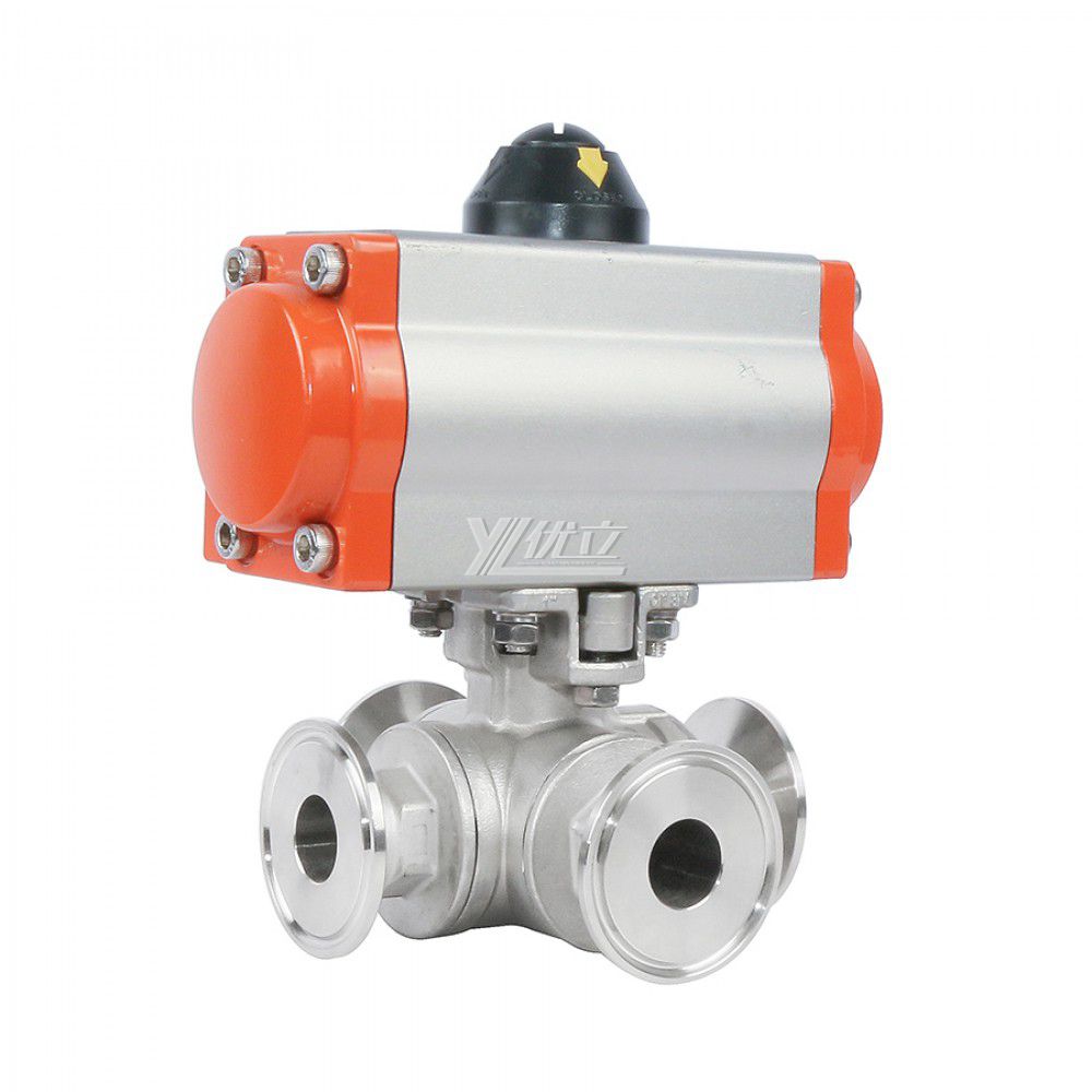 YOULI High Quality Durable  High Pressure PN16 Stainless Steel 304 316 LL Type Pneumatic Actuator 4 Way Tri-Clamped Ball Valve