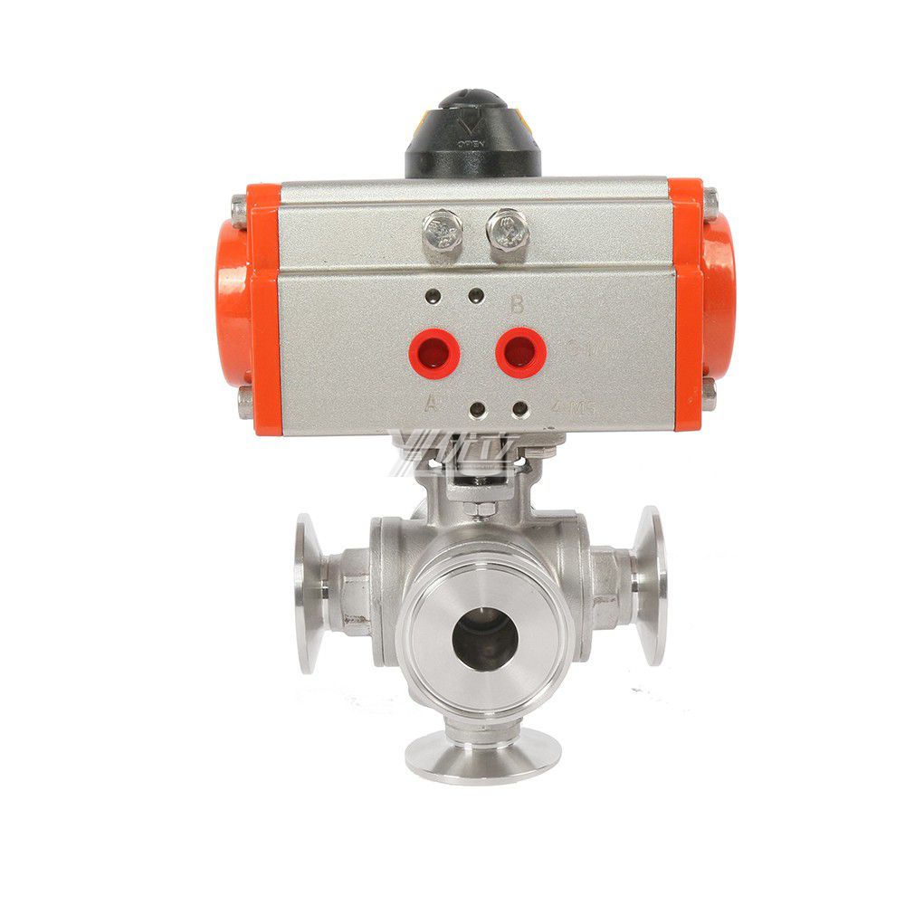 YOULI High Temperature PN16 Stainless Steel 304 316 Clamped Pneumatic Actuator 5way Tri Clamped Ball Valve