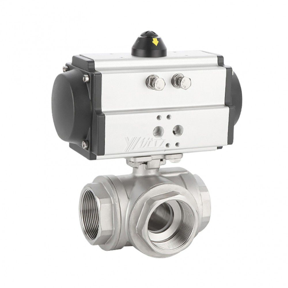 YOULI NPT BSP 2 Inch 1.6-6.4Mpa Stainless Steel High Temperature 304 316  Threaded 3 Way Pneumatic Actuator Ball Valve