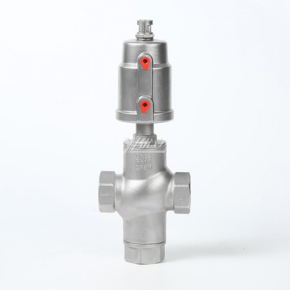 YOULI High Temperature Steam 1.6mpa 304 316 BSP NPT Stainless Steel Head Pneumatic Three Way Female Threaded Angle Seat Valve