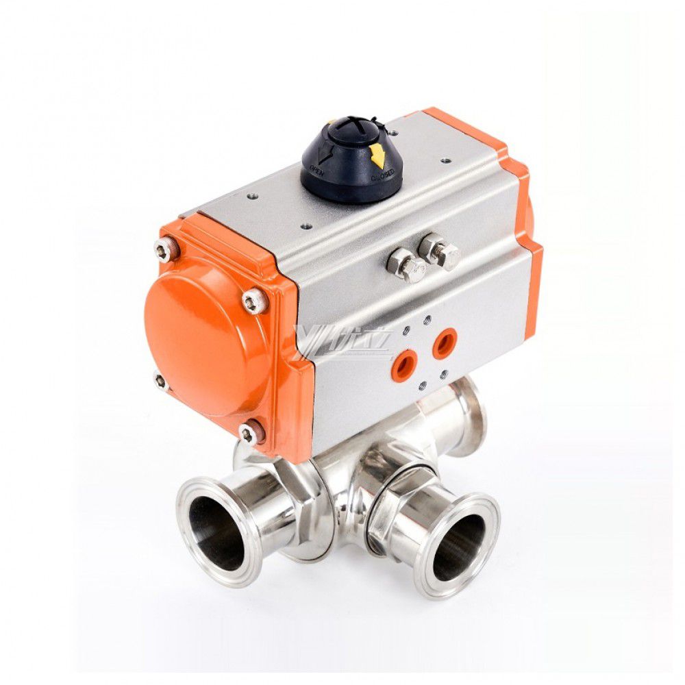 YOULI Hygienic Food Grade Sanitary Stainless Steel T/L Type 304 316L Beverage Milk Pneumatic Three Way Tri Clamped Ball Valve