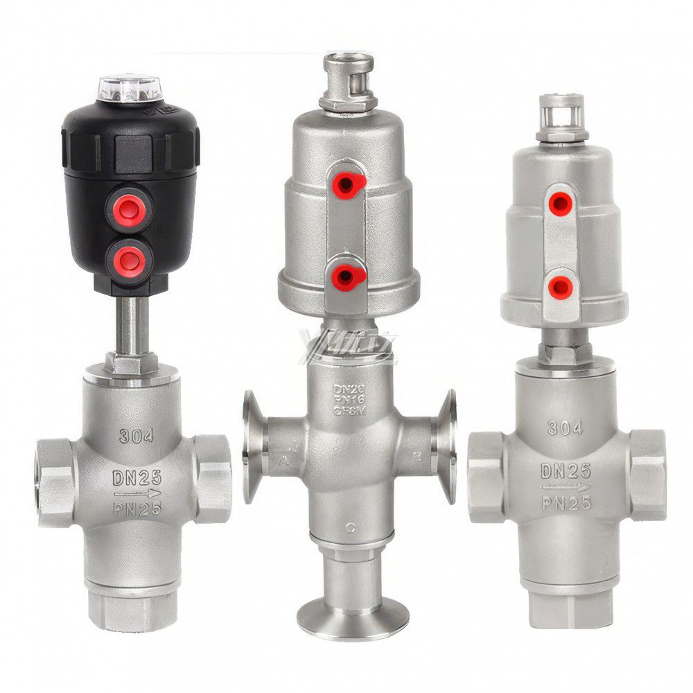 YOULI Stainless Steel Steam High Temperature 1.6mpa 304 316 BSP NPT  T Type  Pneumatic 3 Way Female Threaded Angle Seat Valve