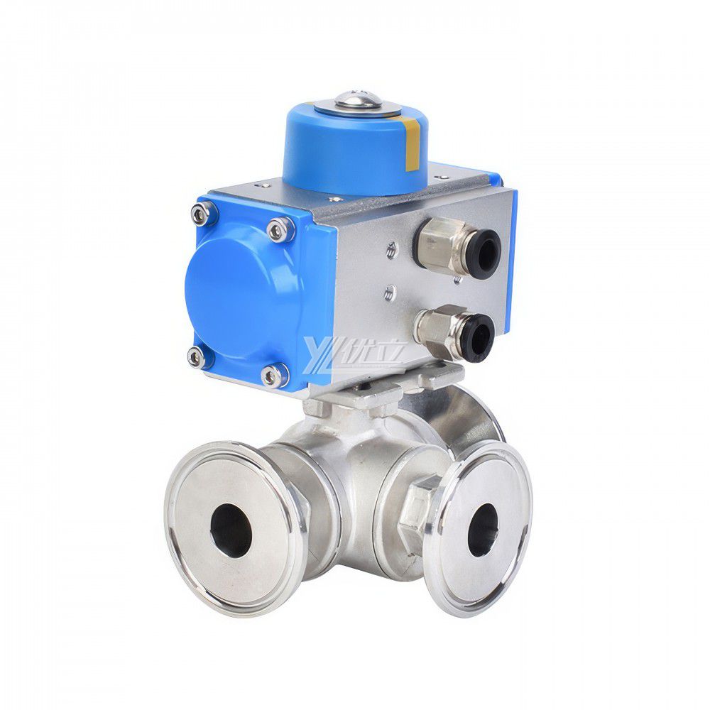YOULI T-port L-port PN16-PN64  Stainless Steel 304 316 Pneumatic Actuator Three Way Tri Clamped Ball Valve