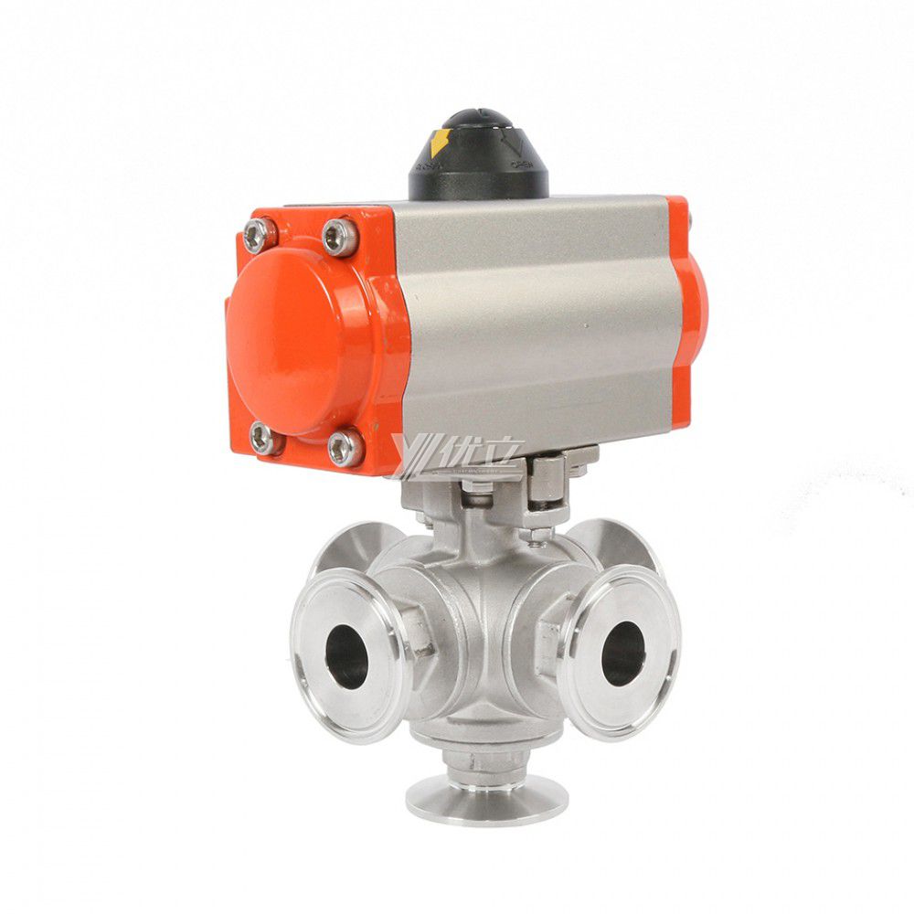YOULI High Temperature PN16 Stainless Steel 304 316 Clamped Pneumatic Actuator 5way Tri Clamped Ball Valve