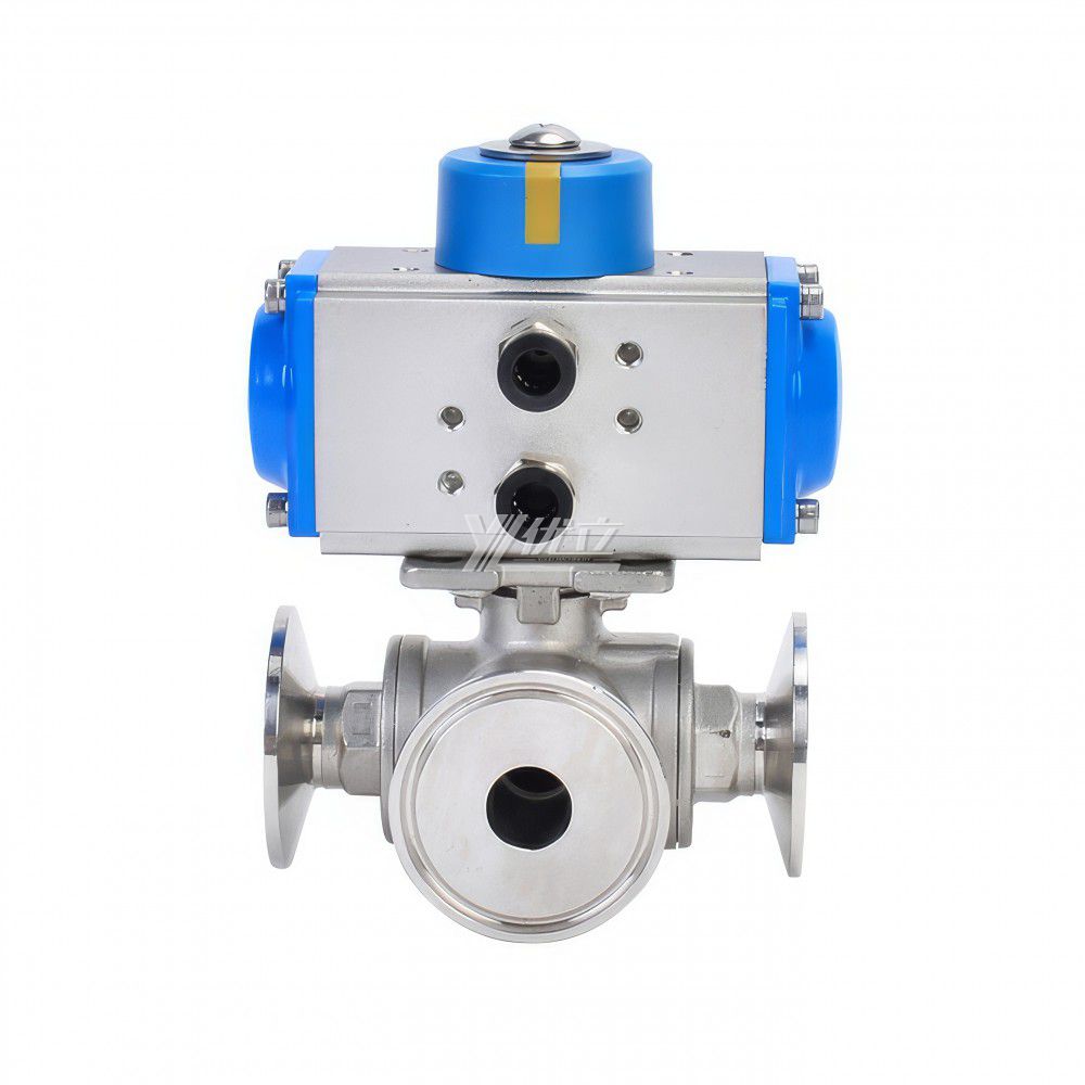 YOULI T-port L-port PN16-PN64  Stainless Steel 304 316 Pneumatic Actuator Three Way Tri Clamped Ball Valve