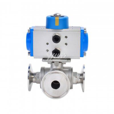 YOULI T-port L-port PN16-PN64  Stainless Steel 304 316 Pneumatic Actuator Three Way Tri Clamped Ball Valve